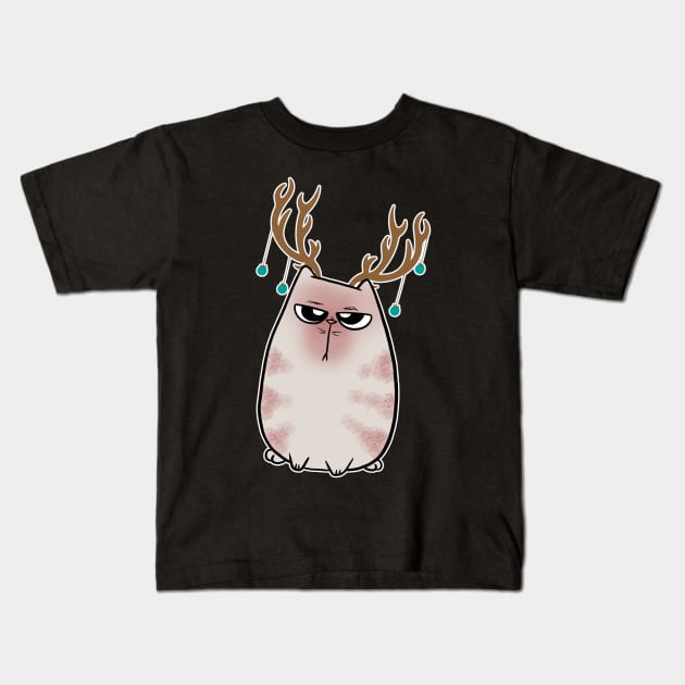 Angry Christmas Cat Reindeer Antlers Kids T-Shirt by Wanderer Bat